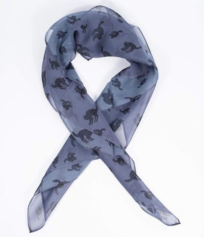 This is a grey chiffon pinup style hair scarf that has black cats on it.