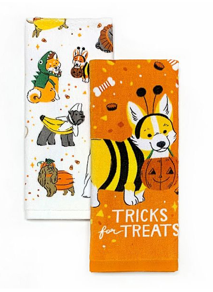 This is a set of 2 kitchen towels and one is orange and has a corgi in a bee costume and the other is white with banana, pumpkin, ballerina and dinosaur costumes on them.