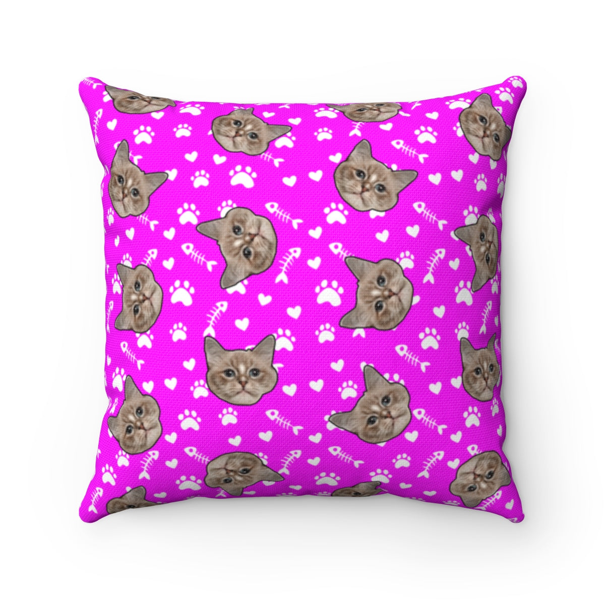 Custom Pillow With Your Cats Face Printed On It - Paws & Fish Bones